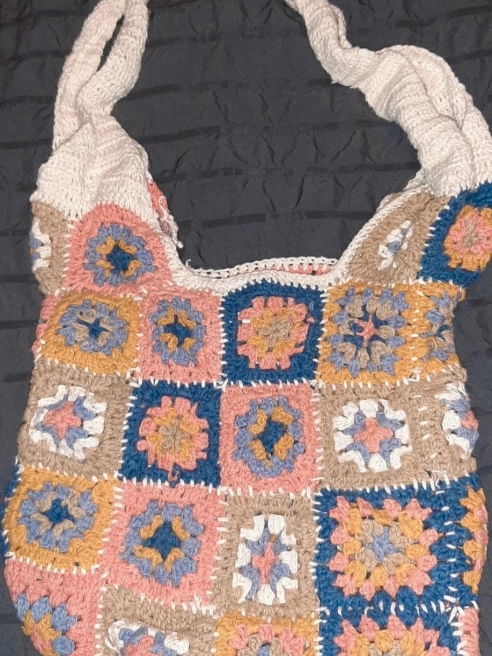 Crochet Granny Square Patchwork Tote Bag Pink, Blue, Tan, Gold American Flirt